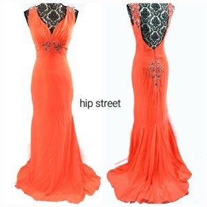 Chiffon Over Satin Jewel & Bead Accent Low Back Formal Party Maxi Dress 8/10